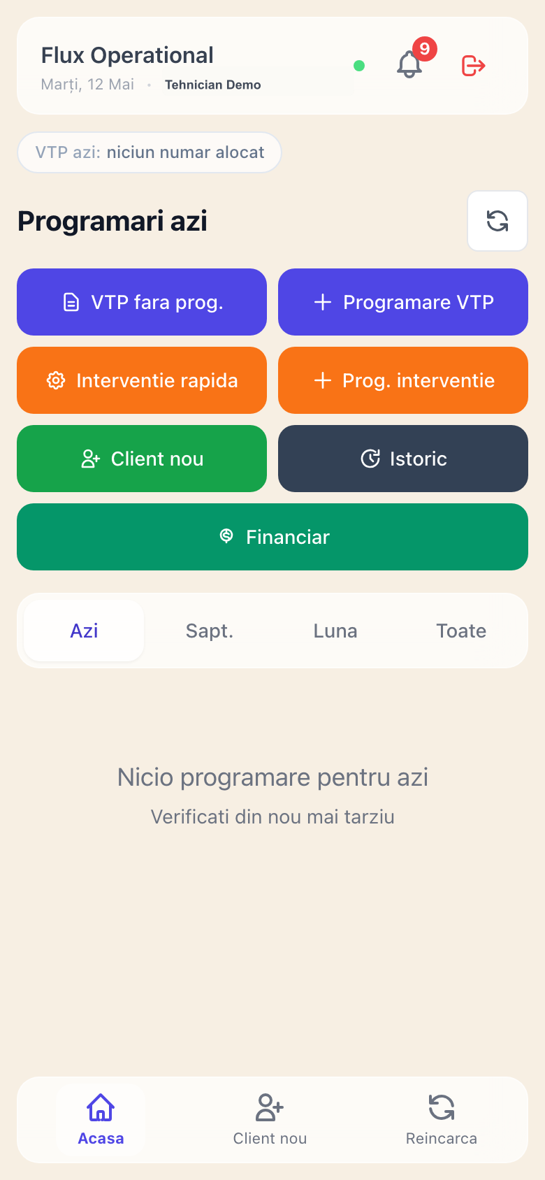 Interfața mobilă HVACmanager pentru tehnician