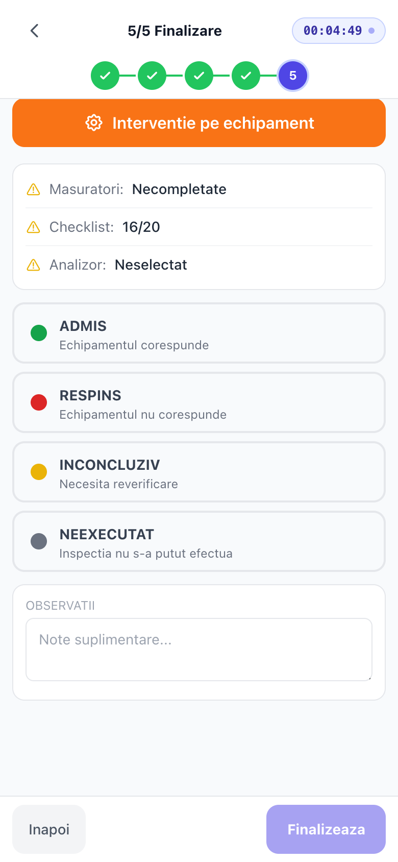 Înainte de finalizare, platforma arată ce lipsește